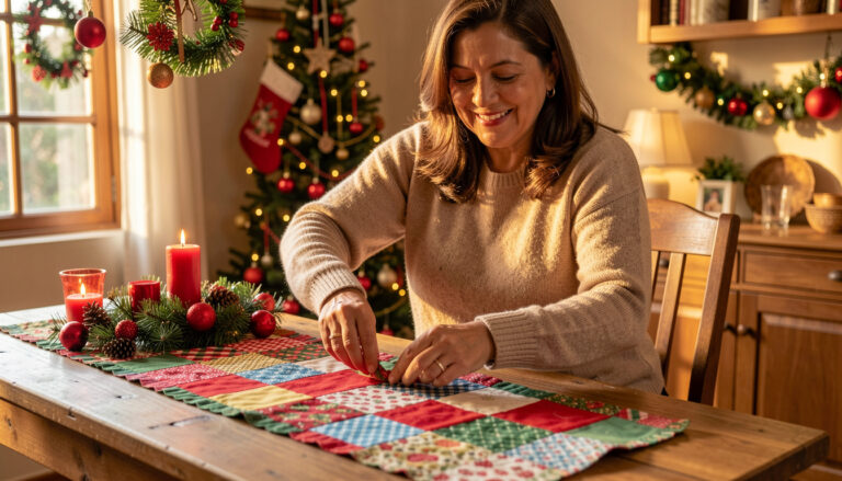 Mulher brasileira sorrindo e arrumando um caminho de mesa de patchwork natalino.